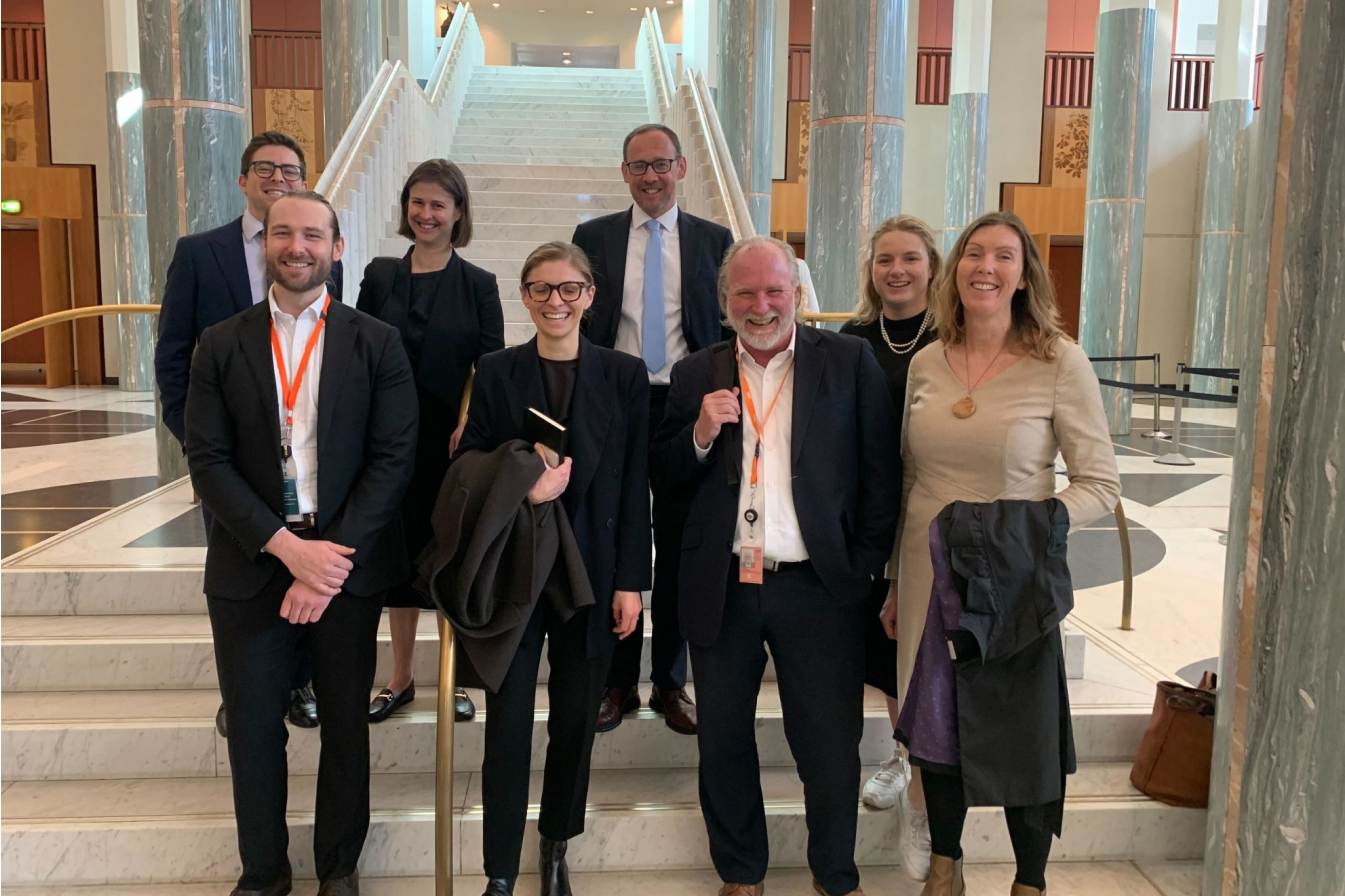 Persephone Fraser (front, center) alongside Erwin Jackson, Director of Policy at the Investor Group on Climate Change (IGCC) at Parliament House in Canberra for discussions on climate change and climate disclosure with key politicians.