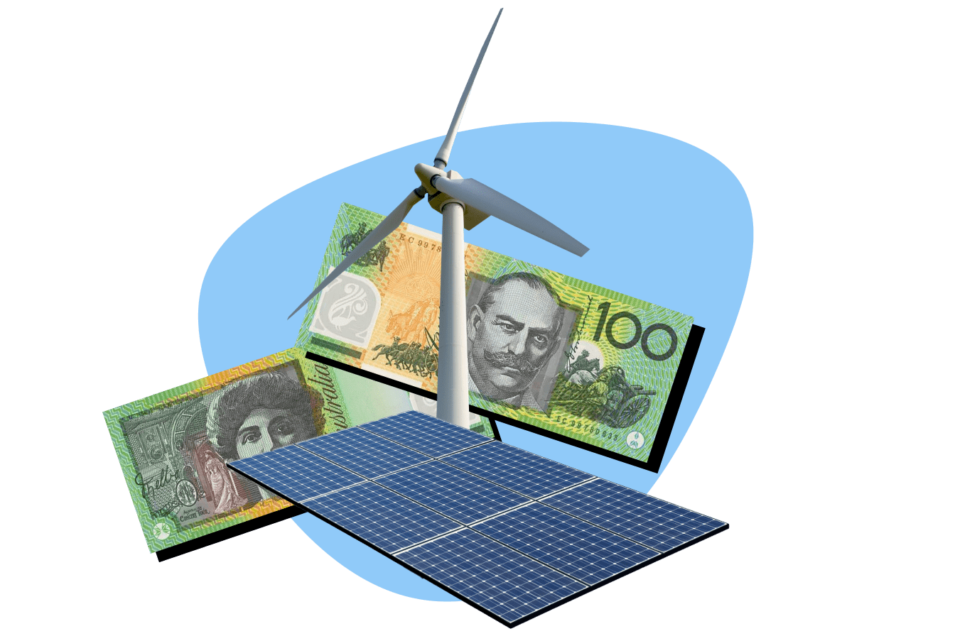 Australian hundred dollar notes overlaid with a solar panel and wind turbine