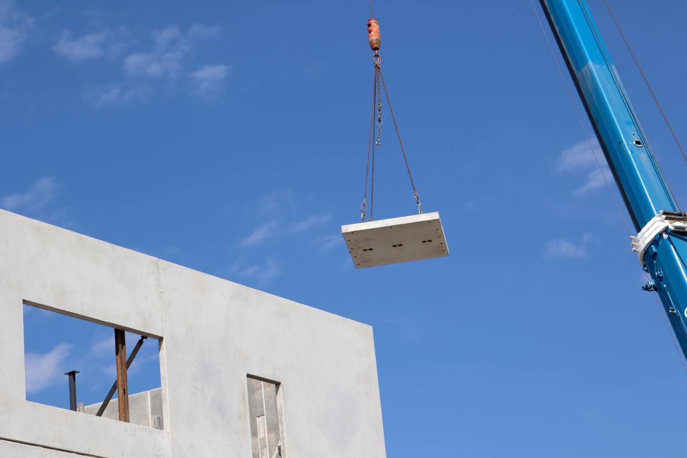 Crane delivering building materials to a construction site